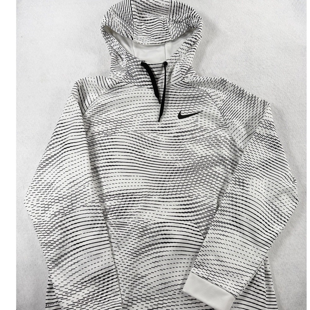 Nike Dri-FIT Mens XL Hoodie White Black Dash‎ Pattern Pullover Sweatshirt